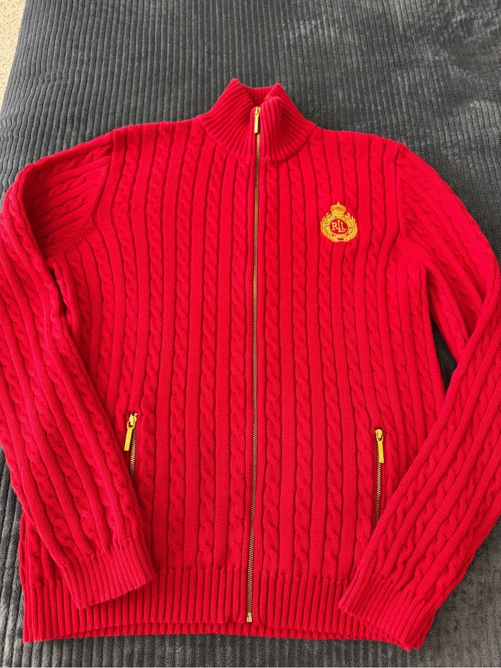 Ralph Lauren Bright Red Cable-Knit Zip Cardigan with Crest